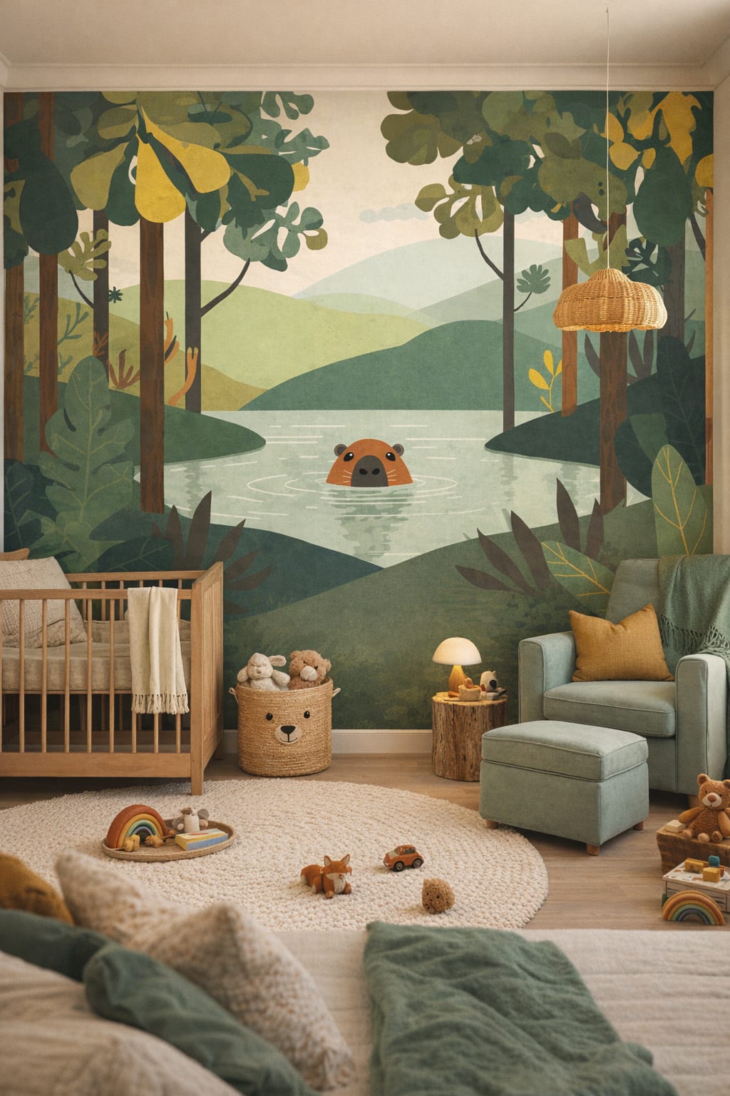Moss green woodland - Otter in forest lake scene - Wall Mural Peel and Stick Wallpaper for Woodland / Forest Nursery.