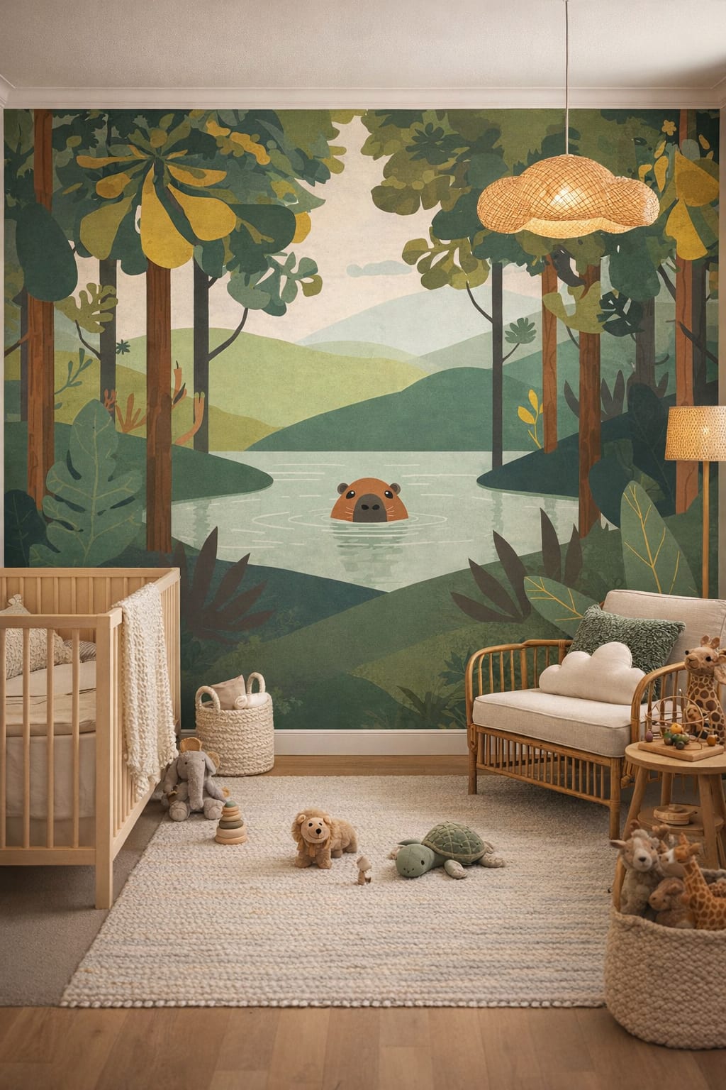 Modern Safari olive - Otter in forest lake scene - Wall Mural Peel and Stick Wallpaper for Modern Safari Nursery.