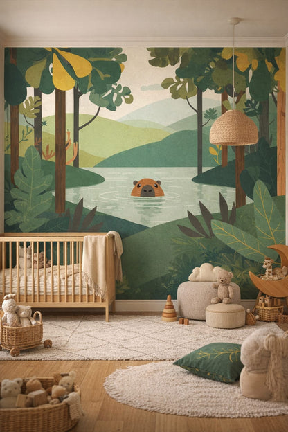 Whimsical Boho sage - woodland lake beaver scene - Wall Mural Peel and Stick Wallpaper for Whimsical Boho Nursery.
