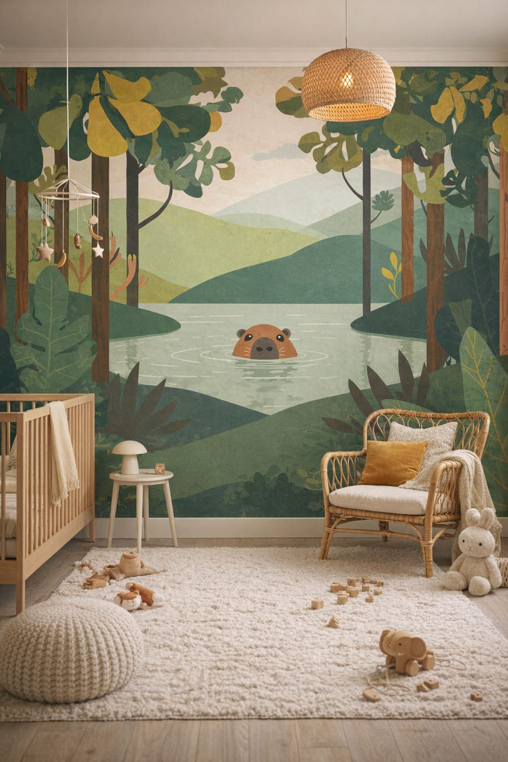 Scandi Kids light gray - Forest lake otter scene - Wall Mural Peel and Stick Wallpaper for Scandi Kids Nursery.