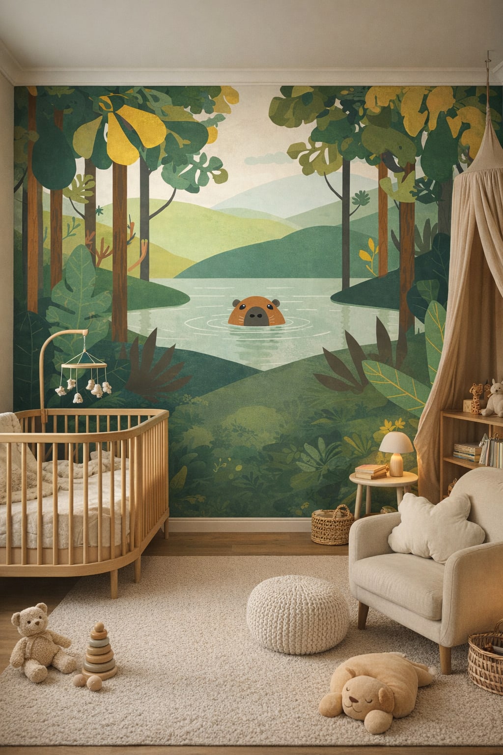 Classic Storybook sage - Otter in forest lake scene - Wall Mural Peel and Stick Wallpaper for Classic Storybook Nursery.