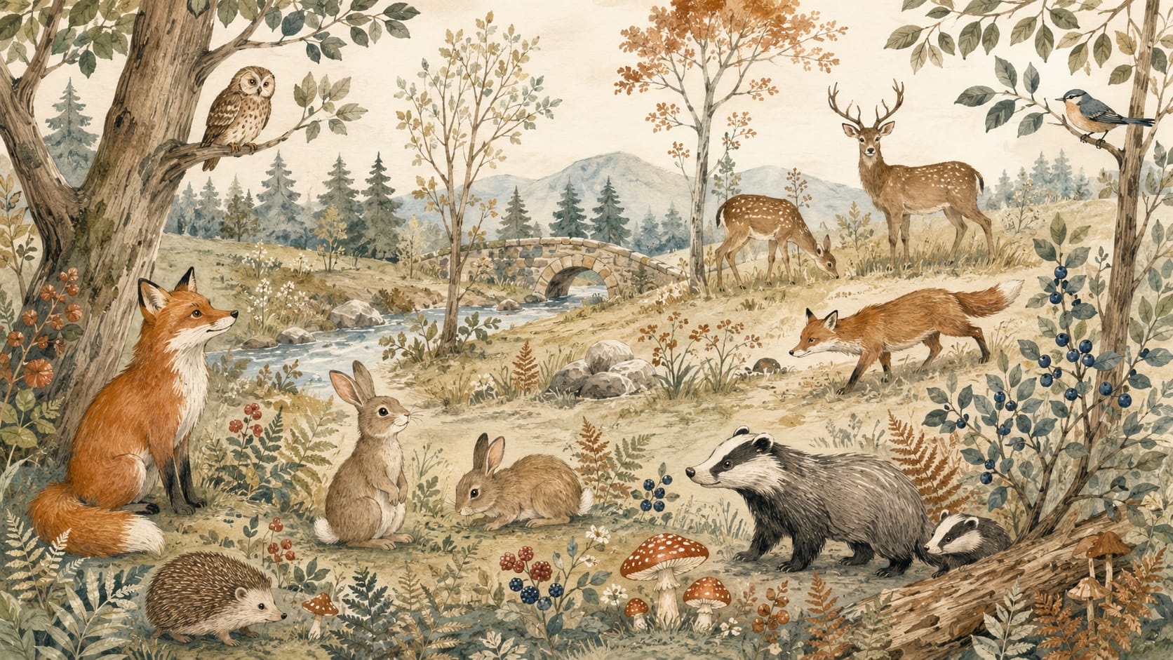 Whimsical Cozy Sage Green Woodland Animals featuring forest landscape and stone bridge - Wall Mural & Peel and Stick Wallpaper for Illustrated Nursery or Kids Room