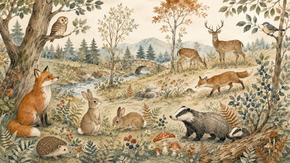 Whimsical Cozy Sage Green Woodland Animals featuring forest landscape and stone bridge - Wall Mural & Peel and Stick Wallpaper for Illustrated Nursery or Kids Room