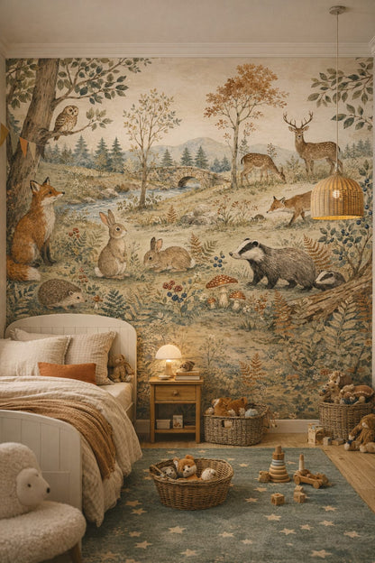 Moss green, forest-inspired woodland animals featuring stone bridge - Wall Mural Peel and Stick Wallpaper for Woodland / Forest Kids Bedroom.