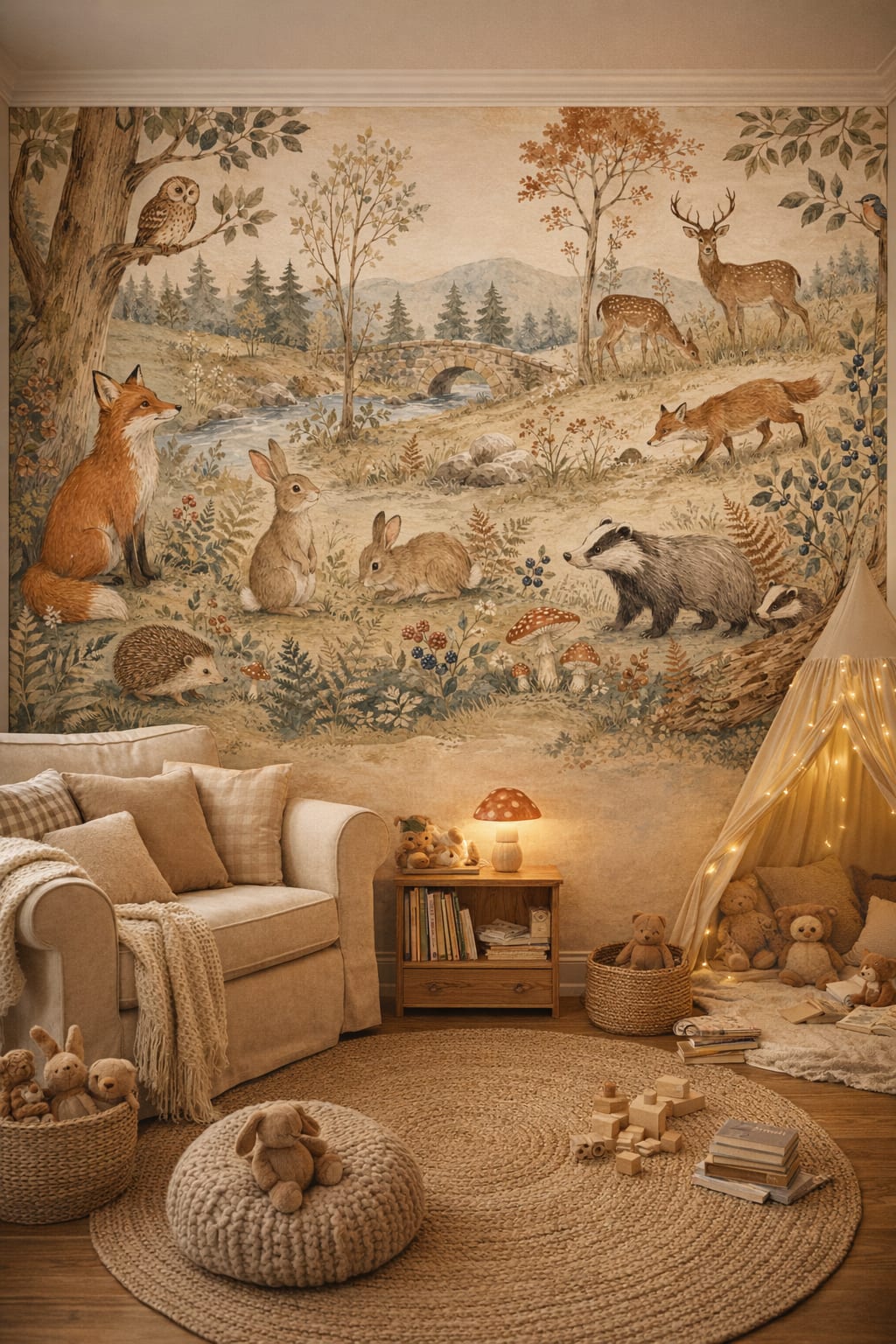 Classic Storybook dusty rose woodland animals featuring stone bridge - Wall Mural Peel and Stick Wallpaper for Classic Storybook Reading Corner.