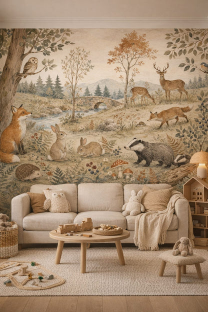 Scandi Kids white woodland animals featuring stone bridge - Wall Mural Peel and Stick Wallpaper for Scandi Kids Playroom.