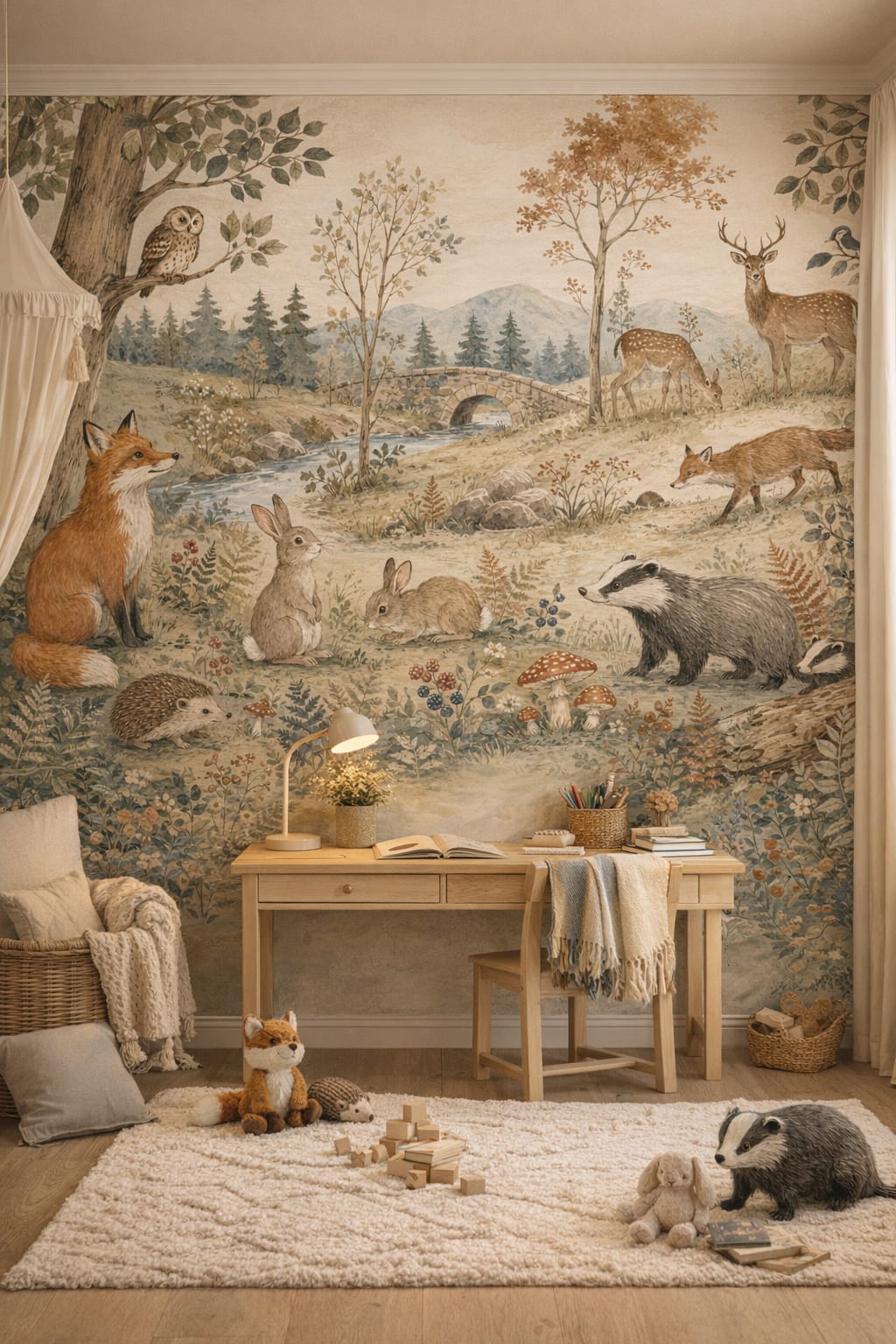 Terracotta sage woodland animals featuring stone bridge - Wall Mural Peel and Stick Wallpaper for Whimsical Boho Homework / Study Corner.