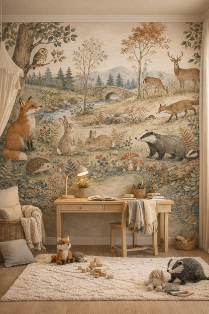 Terracotta sage woodland animals featuring stone bridge - Wall Mural Peel and Stick Wallpaper for Whimsical Boho Homework / Study Corner.