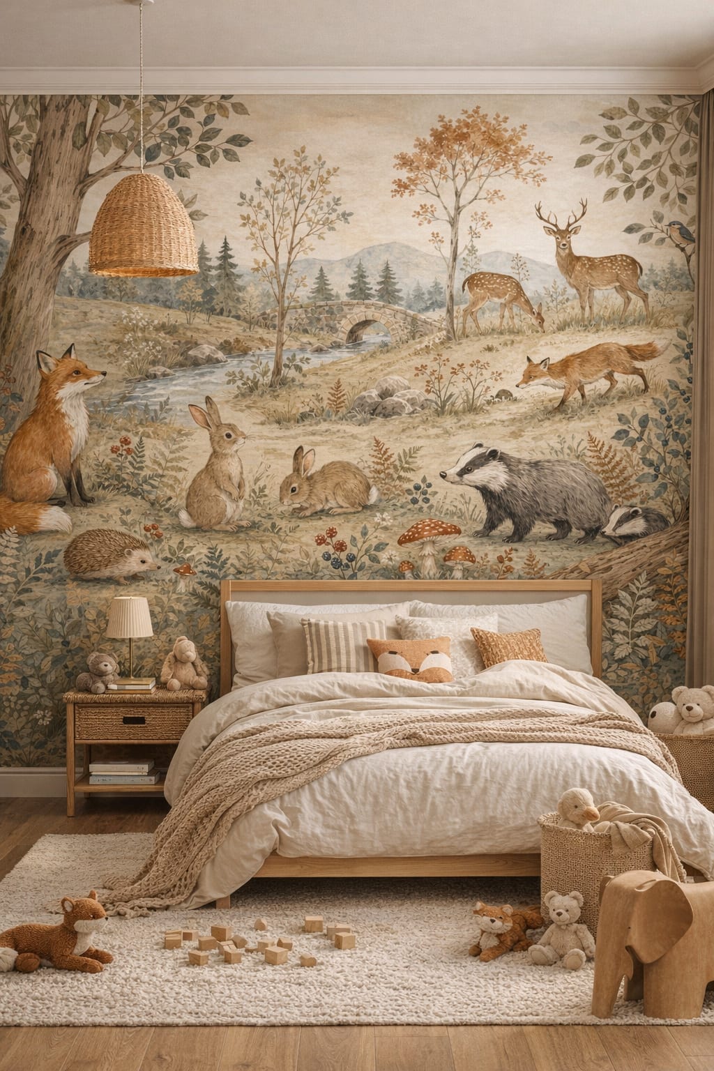 Olive sand Modern Safari woodland animals featuring stone bridge - Wall Mural Peel and Stick Wallpaper for Modern Safari Kids Bedroom.