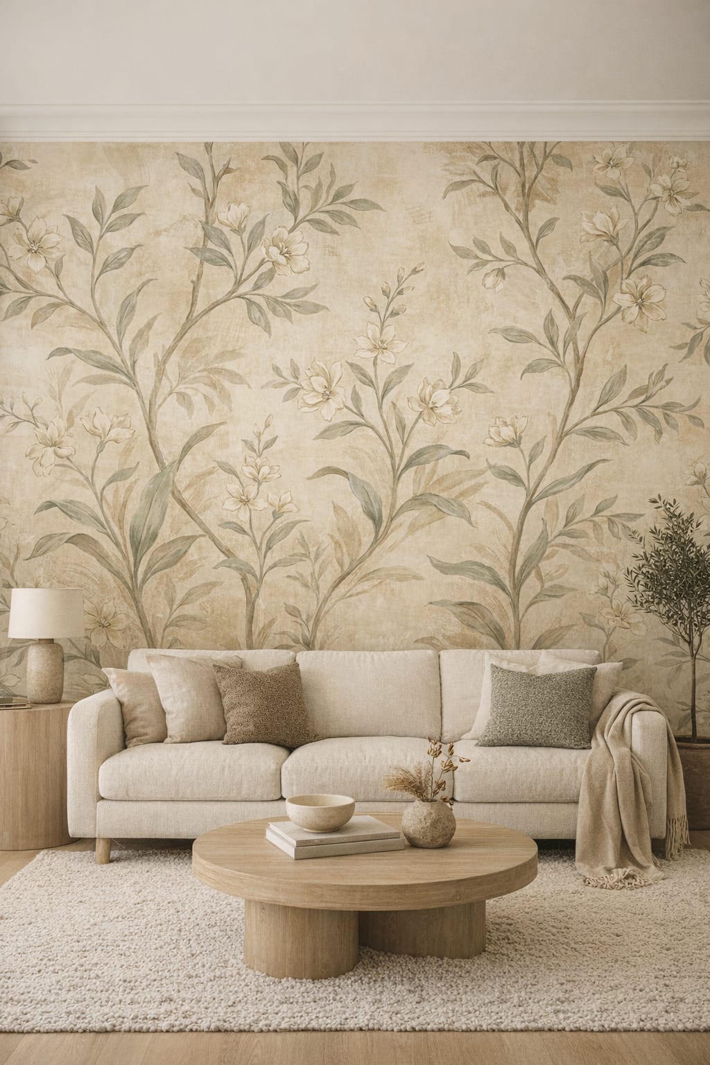 Organic Modern sand floral branches - Wall Mural Peel and Stick Wallpaper for Organic Modern Living Room.