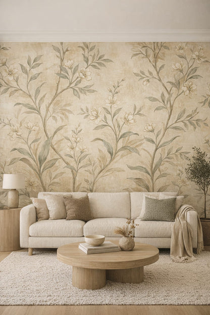 Organic Modern sand floral branches - Wall Mural Peel and Stick Wallpaper for Organic Modern Living Room.