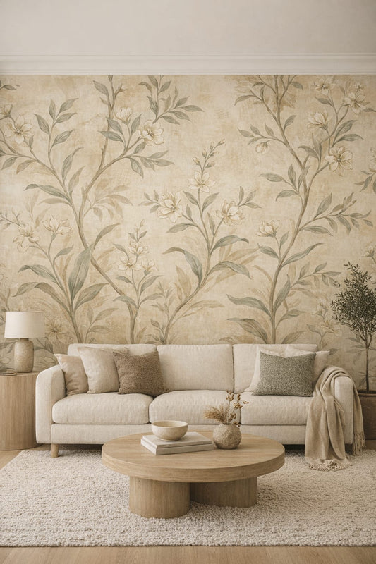 Organic Modern sand floral branches - Wall Mural Peel and Stick Wallpaper for Organic Modern Living Room.