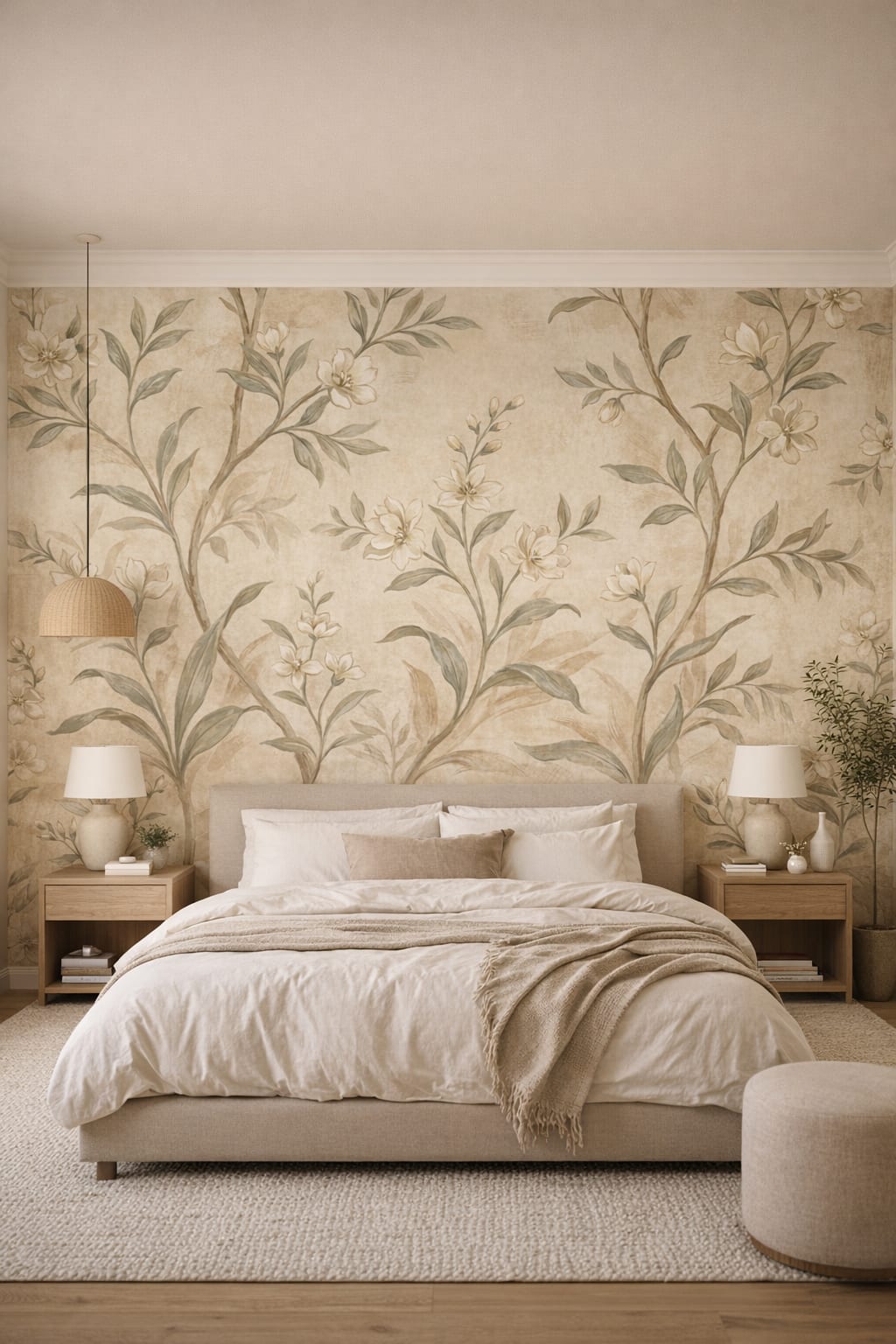 Japandi sand floral branches - Wall Mural Peel and Stick Wallpaper for Japandi Master Bedroom.