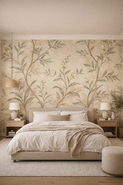 Japandi sand floral branches - Wall Mural Peel and Stick Wallpaper for Japandi Master Bedroom.