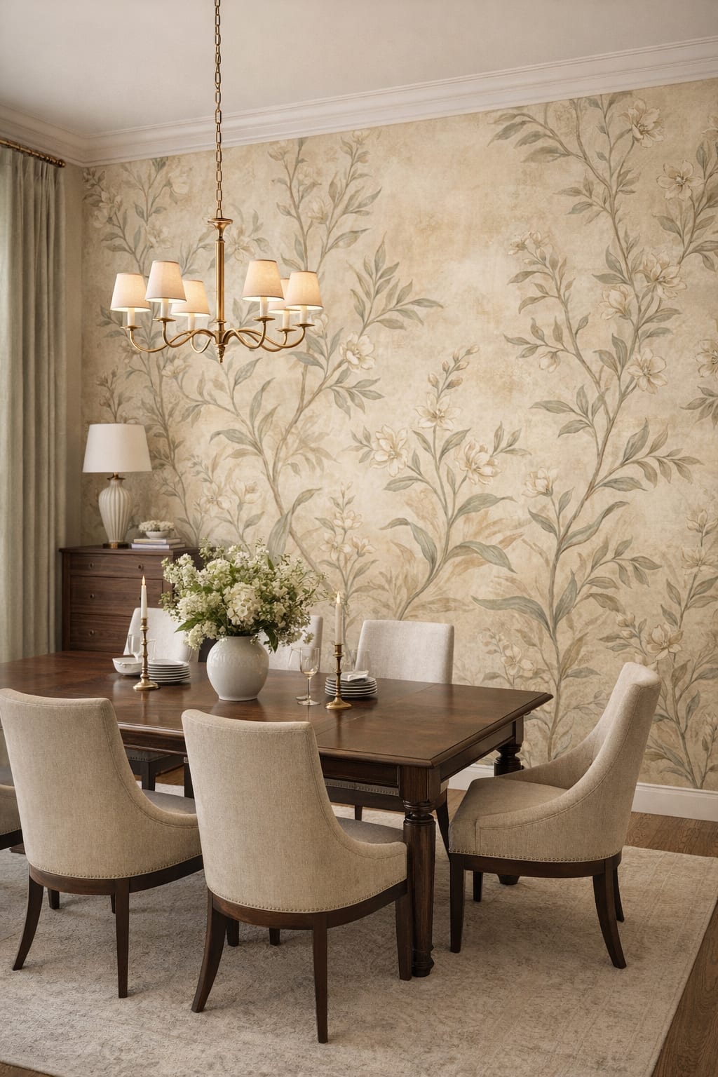 Cream-toned elegant floral branches - Wall Mural Peel and Stick Wallpaper for Modern Classic Formal Dining Room.
