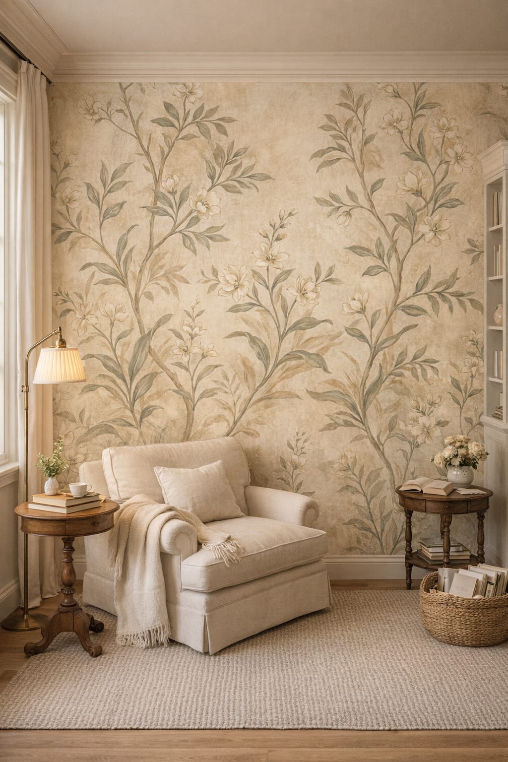 French Country sage floral branches - Wall Mural Peel and Stick Wallpaper for French Country Reading Corner.