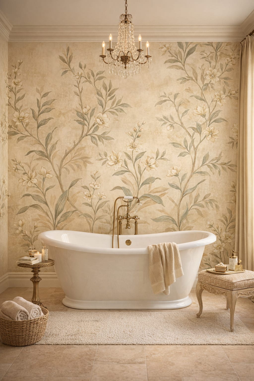 Art Nouveau cream-toned floral branches - Wall Mural Peel and Stick Wallpaper for Art Nouveau Luxury Bathroom.