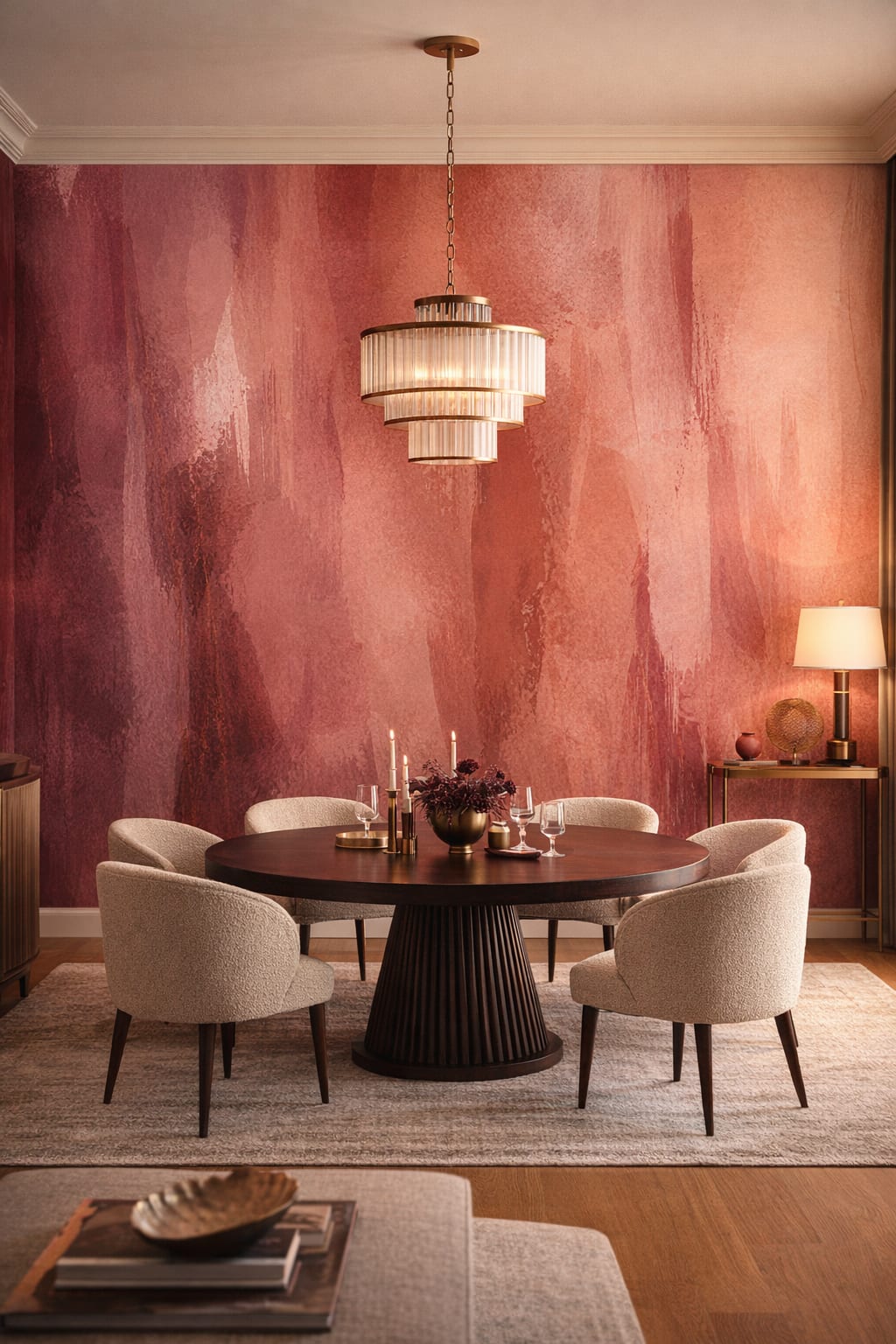 Art Deco burgundy abstract brushstrokes - Wall Mural Peel and Stick Wallpaper for Art Deco Formal Dining Room.