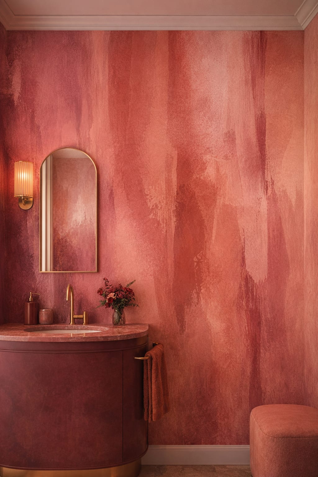 Color-drenched deep coral abstract brushstrokes - Wall Mural Peel and Stick Wallpaper for Color-drenched Powder Room.