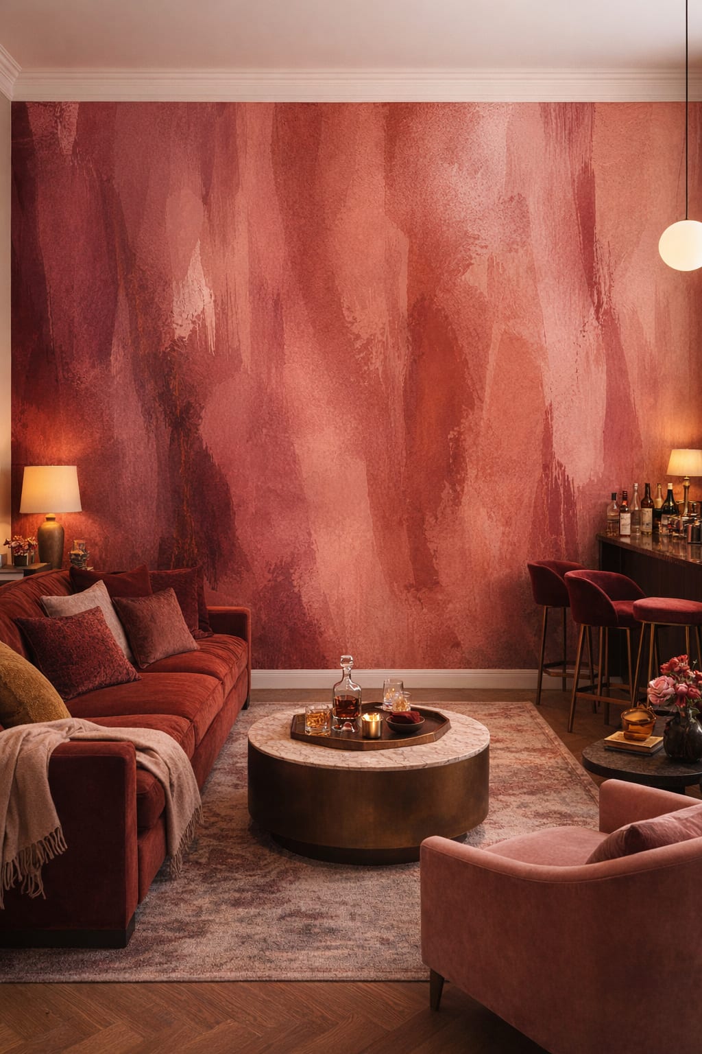 Burgundy Maximalist abstract brushstrokes - Wall Mural Peel and Stick Wallpaper for Maximalist Bar/Lounge.