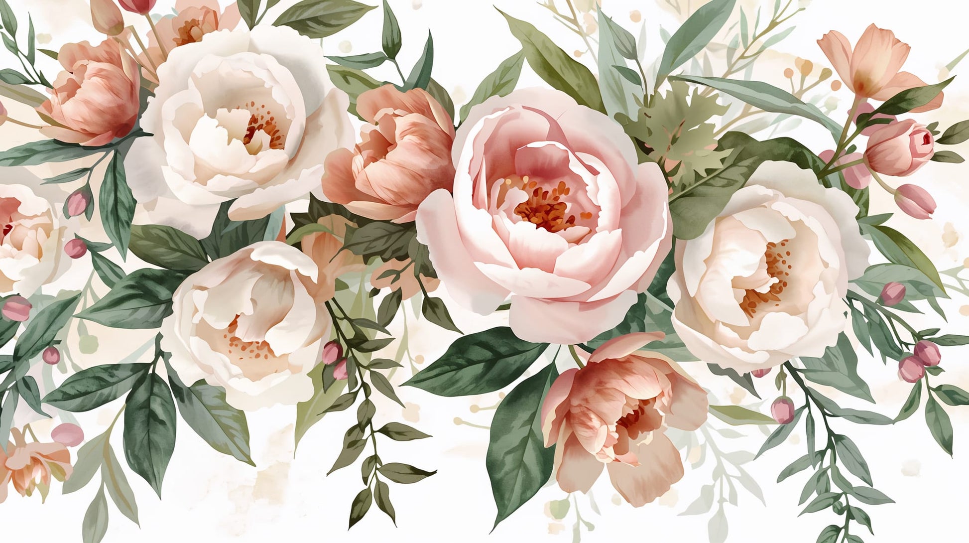 Soft romantic Blush Pink floral blossoms featuring botanical leaves and flower buds - Wall Mural & Peel and Stick Wallpaper for Watercolor Interiors and Premium Home Styling