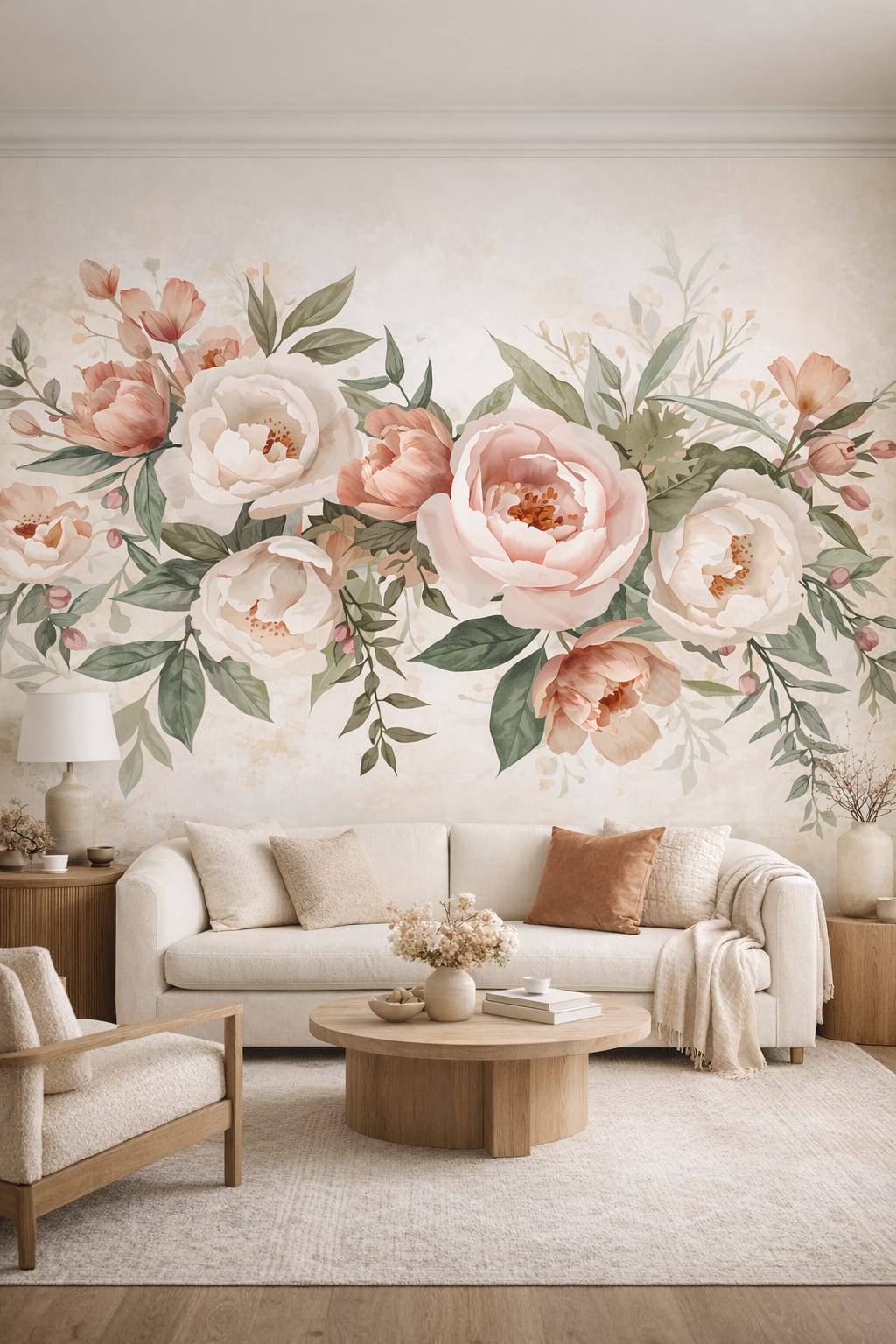 Modern cream floral blossoms featuring botanical leaves - Wall Mural Peel and Stick Wallpaper for Organic Modern Living Room.