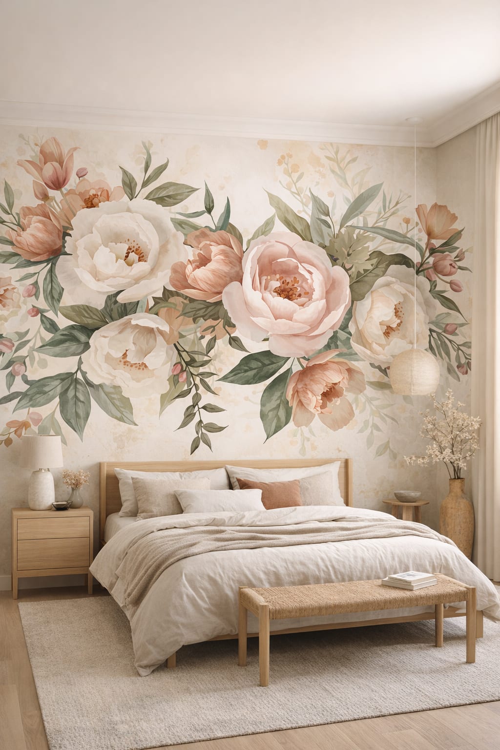 Japandi sand-toned floral blossoms featuring botanical leaves - Wall Mural Peel and Stick Wallpaper for Japandi Master Bedroom