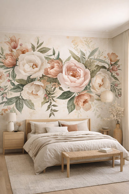Japandi sand-toned floral blossoms featuring botanical leaves - Wall Mural Peel and Stick Wallpaper for Japandi Master Bedroom