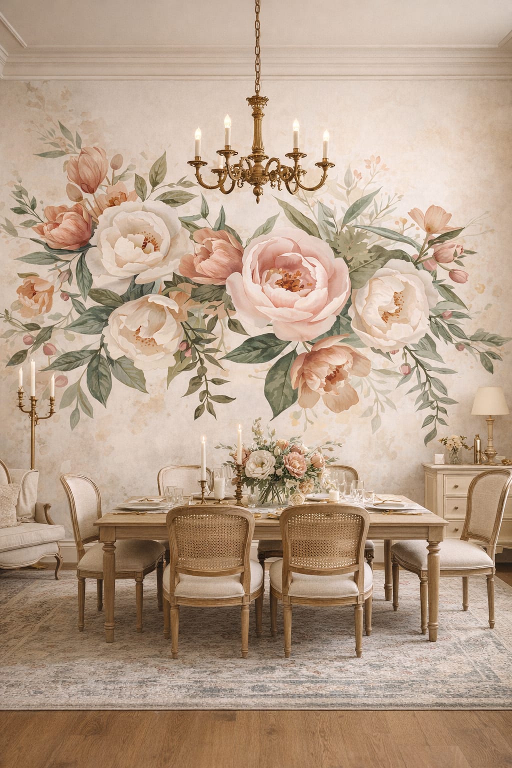 Parisian gold-toned floral blossoms featuring botanical leaves - Wall Mural Peel and Stick Wallpaper for Parisian Formal Dining Room.