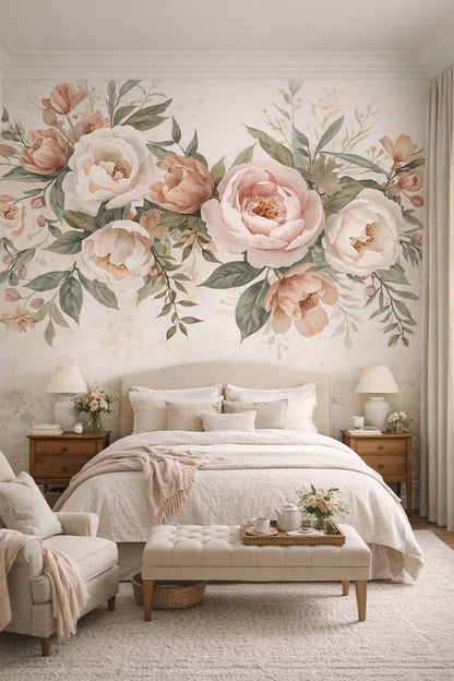 Cream Cottage floral blossoms featuring botanical leaves - Wall Mural Peel and Stick Wallpaper for English Cottage Guest Bedroom.