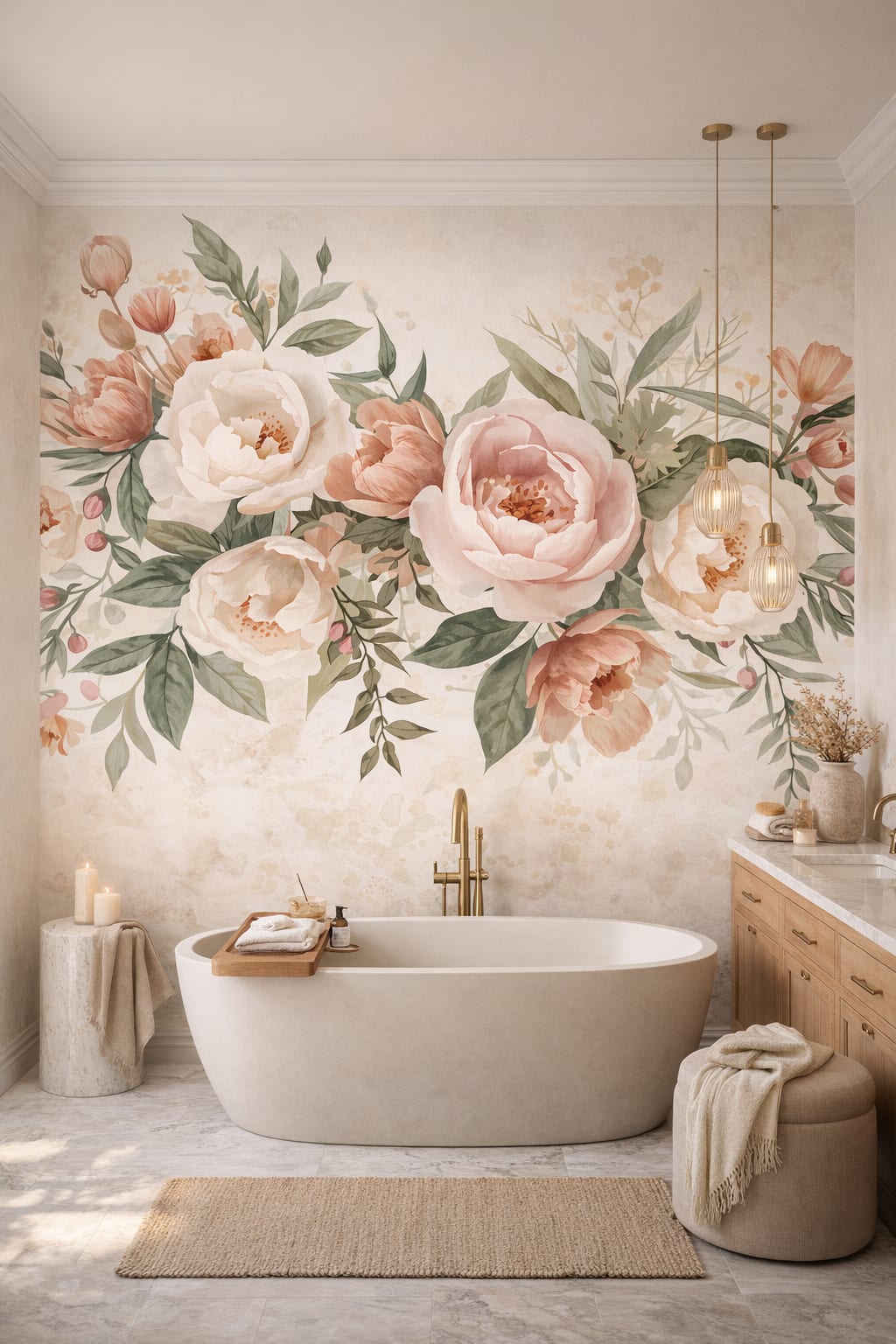 Greige understated floral blossoms featuring botanical leaves - Wall Mural Peel and Stick Wallpaper for Quiet Luxury Luxury Bathroom.