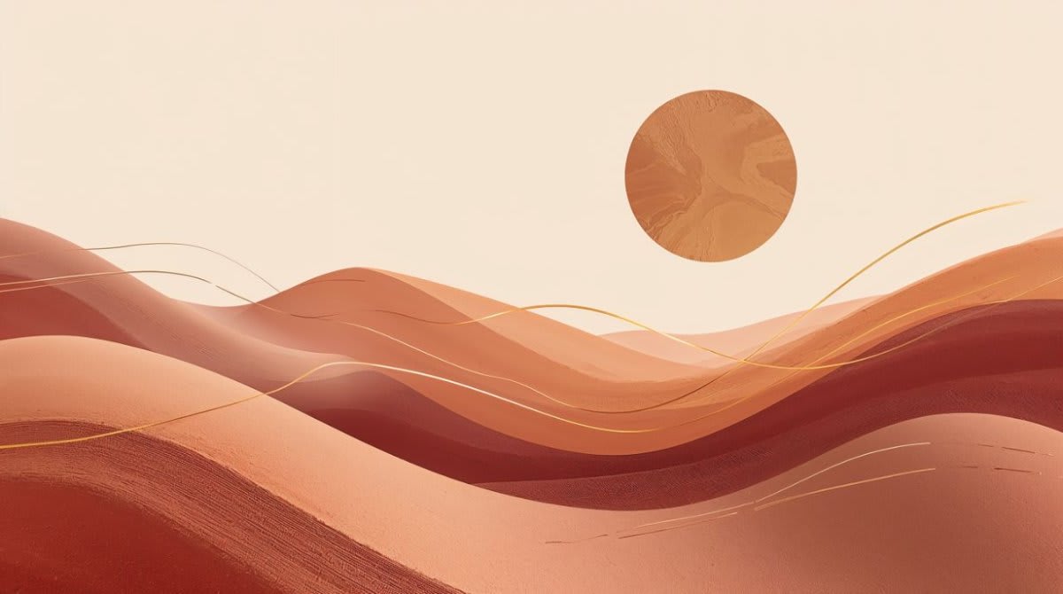 Minimalist earthy Terracotta abstract desert dunes featuring a sun disc and flowing contour lines - Wall Mural & Peel and Stick Wallpaper for Minimal Interiors and Premium Home Styling.