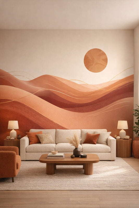 Organic Modern cream-sand abstract desert dunes featuring sun disc - Wall Mural Peel and Stick Wallpaper for Organic Modern Living Room.