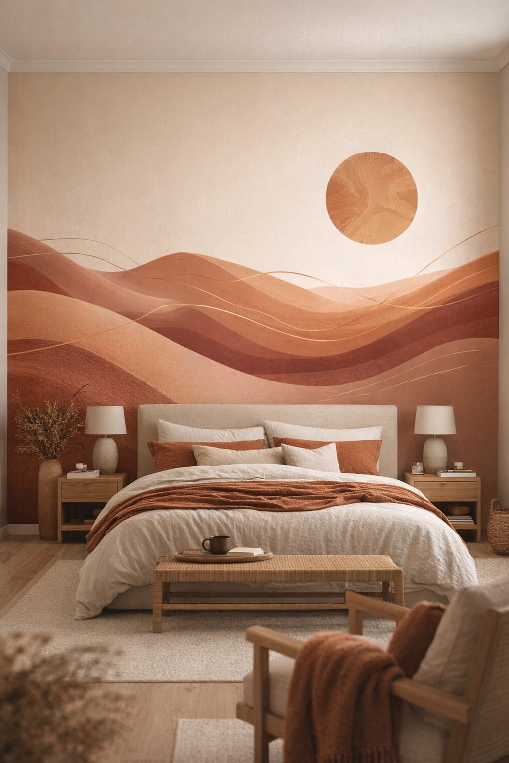 Desert Modern sand-toned abstract desert dunes featuring sun disc - Wall Mural Peel and Stick Wallpaper for Desert Modern Master Bedroom.