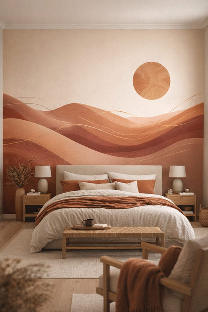 Desert Modern sand-toned abstract desert dunes featuring sun disc - Wall Mural Peel and Stick Wallpaper for Desert Modern Master Bedroom.