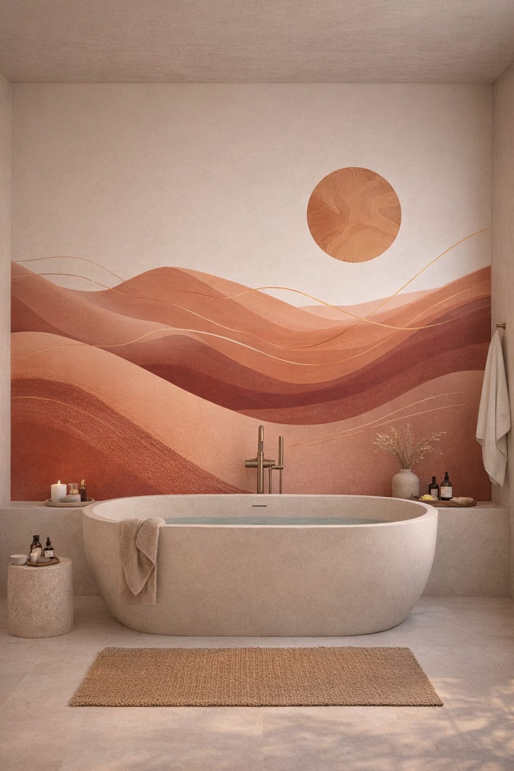 Wabi-sabi, muted earth-tone abstract desert dunes featuring sun disc - Wall Mural Peel and Stick Wallpaper for Wabi-sabi Luxury Bathroom.