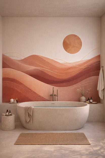 Wabi-sabi, muted earth-tone abstract desert dunes featuring sun disc - Wall Mural Peel and Stick Wallpaper for Wabi-sabi Luxury Bathroom.
