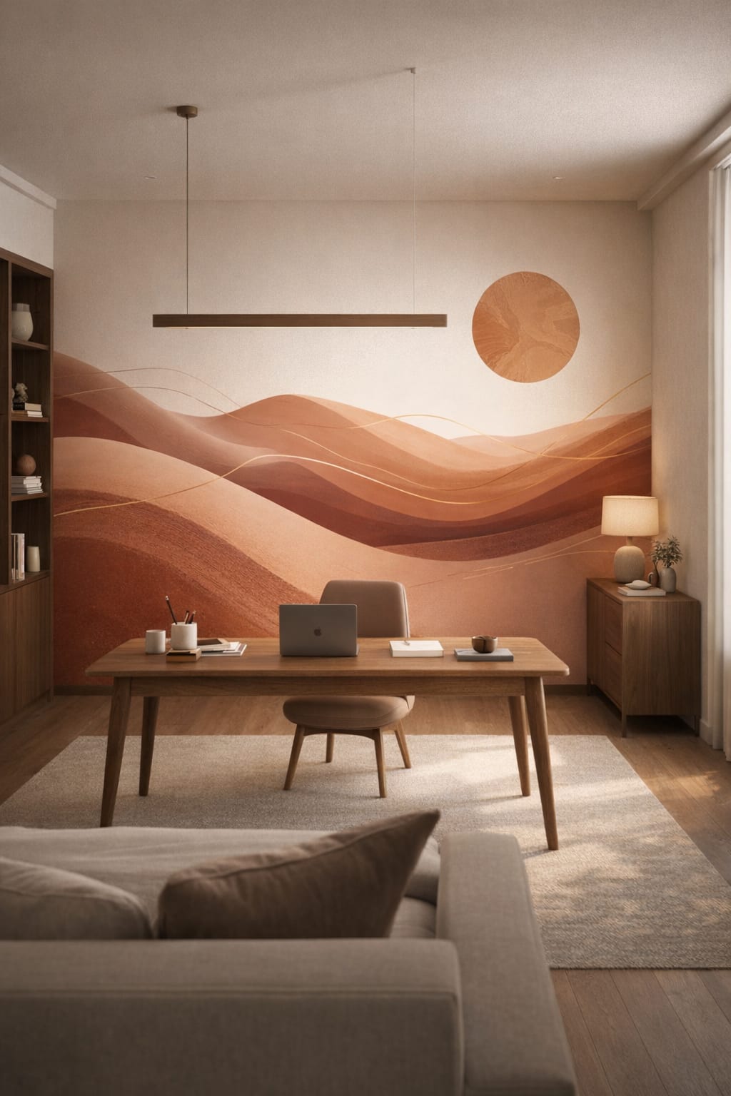 Japandi sand-toned abstract desert dunes featuring sun disc - Wall Mural Peel and Stick Wallpaper for Japandi Executive Home Office.