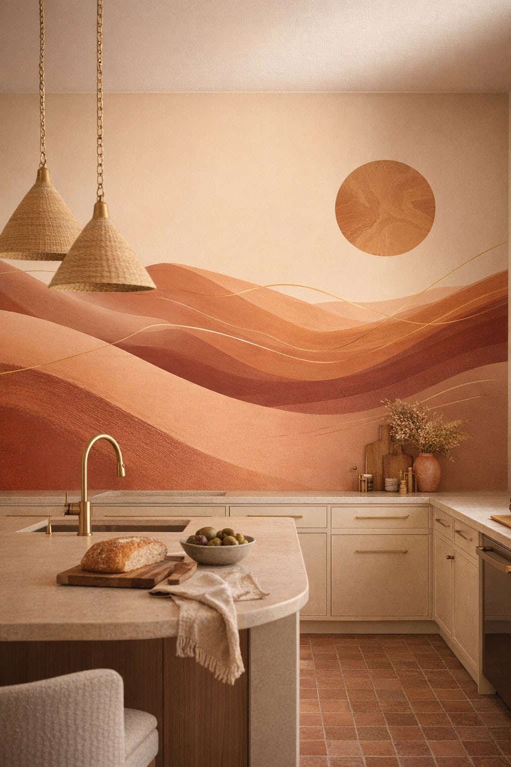 Mediterranean Modern sand-toned abstract desert dunes featuring sun disc - Wall Mural Peel and Stick Wallpaper for Mediterranean Modern High-end Kitchen.