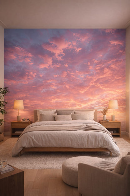 Zen neutral sunset cloudscape featuring pink sky - Wall Mural Peel and Stick Wallpaper for Zen Master Bedroom.