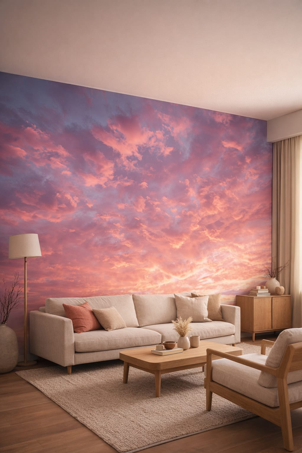 Sand-toned Japandi sunset cloudscape featuring pink sky - Wall Mural Peel and Stick Wallpaper for Japandi Living Room.