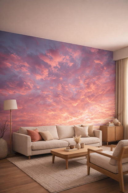 Sand-toned Japandi sunset cloudscape featuring pink sky - Wall Mural Peel and Stick Wallpaper for Japandi Living Room.