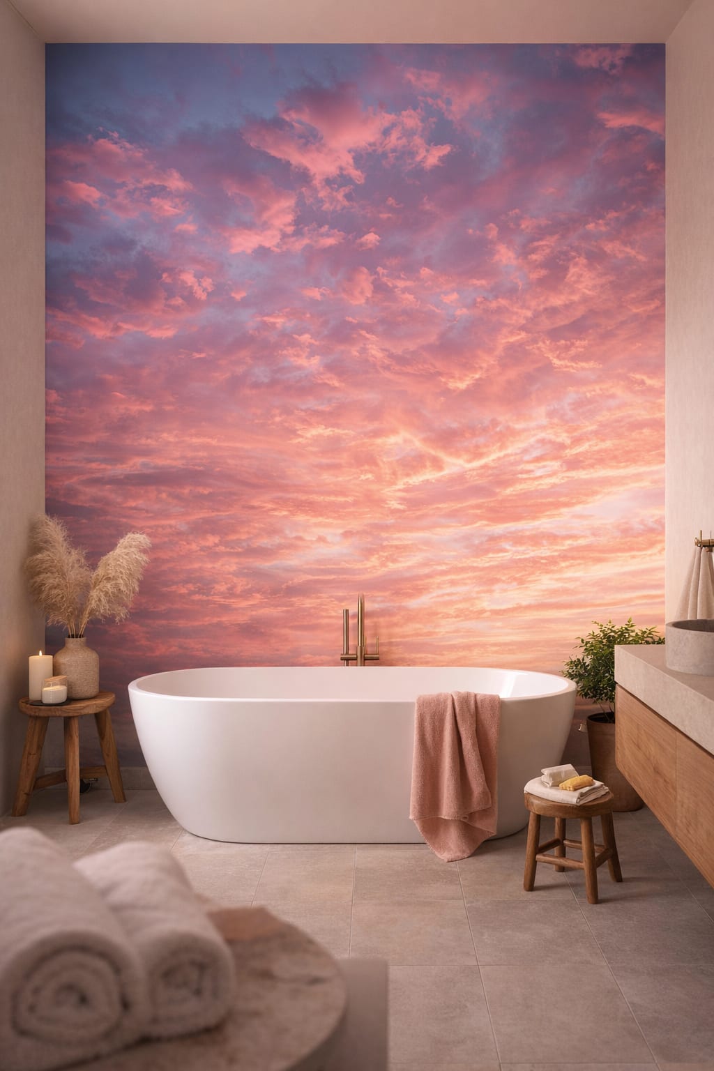 Organic Modern cream-toned sunset cloudscape featuring pink sky - Wall Mural Peel and Stick Wallpaper for Organic Modern Luxury Bathroom.