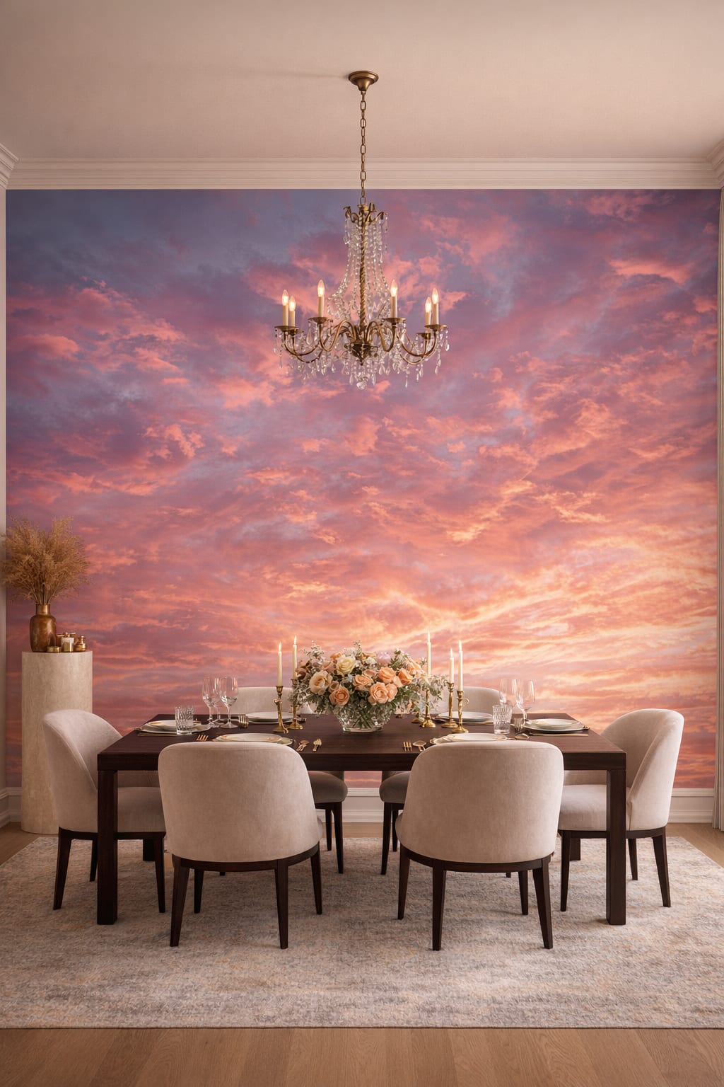 Modern Classic warm gray sunset cloudscape featuring pink sky - Wall Mural Peel and Stick Wallpaper for Modern Classic Formal Dining Room.