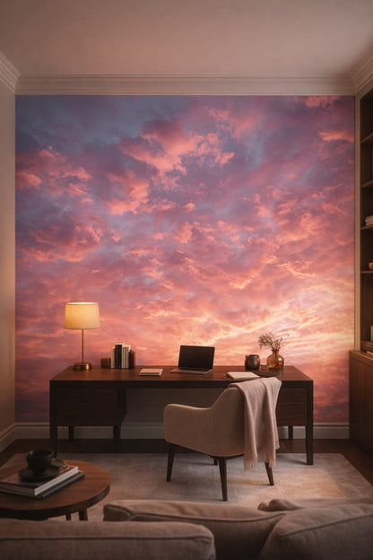 Quiet Luxury greige sunset cloudscape featuring pink sky - Wall Mural Peel and Stick Wallpaper for Quiet Luxury Executive Home Office.