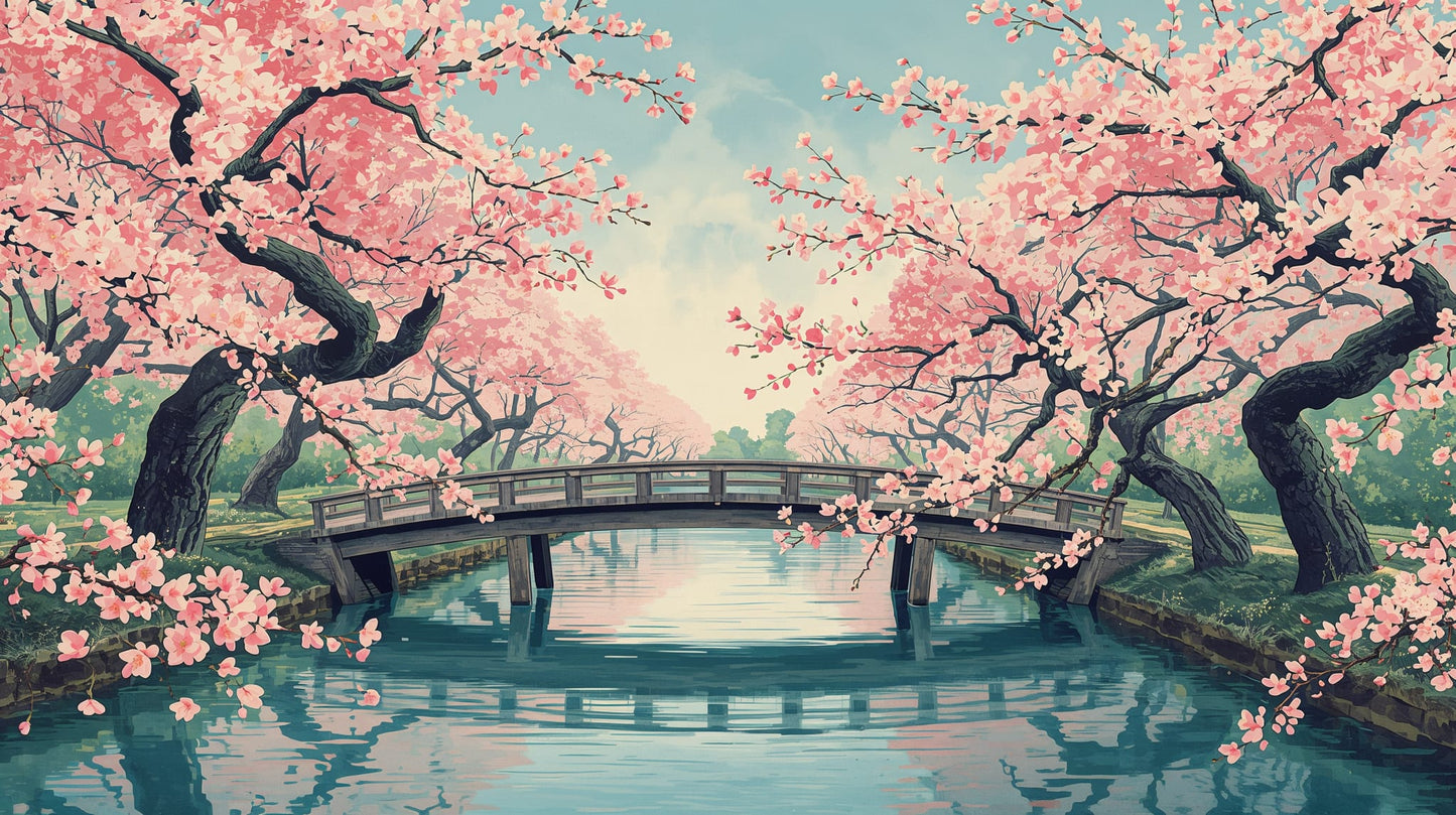 Painterly serene Soft Pink cherry blossom trees featuring garden bridge and reflecting water - Wall Mural & Peel and Stick Wallpaper for Painterly Interiors and Premium Home Styling
