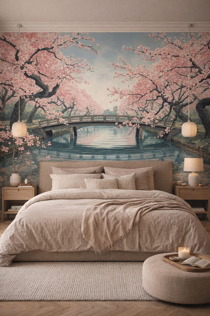 Japandi sand-toned cherry blossom trees featuring garden bridge - Wall Mural Peel and Stick Wallpaper for Japandi Master Bedroom.