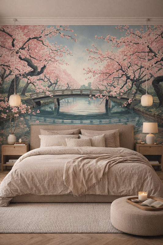 Japandi sand-toned cherry blossom trees featuring garden bridge - Wall Mural Peel and Stick Wallpaper for Japandi Master Bedroom.