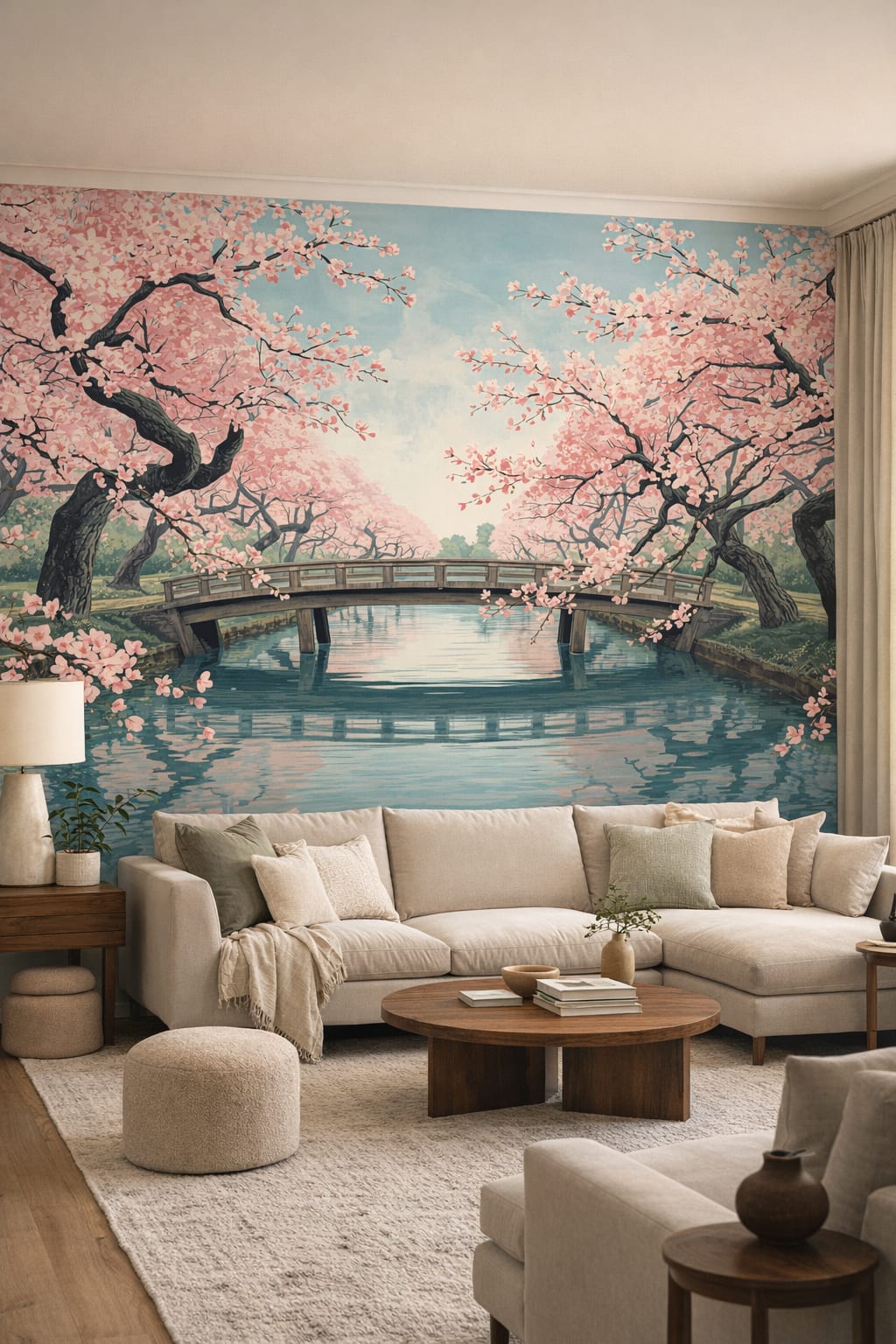 Organic Modern cream-toned cherry blossom trees featuring a garden bridge - Wall Mural Peel and Stick Wallpaper for Organic Modern Living Room
