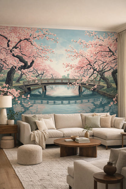 Organic Modern cream-toned cherry blossom trees featuring a garden bridge - Wall Mural Peel and Stick Wallpaper for Organic Modern Living Room